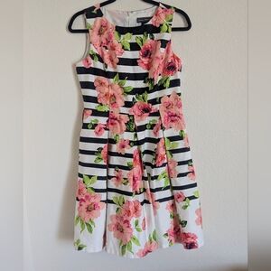 Jessica Howard Black and White Striped Dress with Pink Floral Sz. 8p